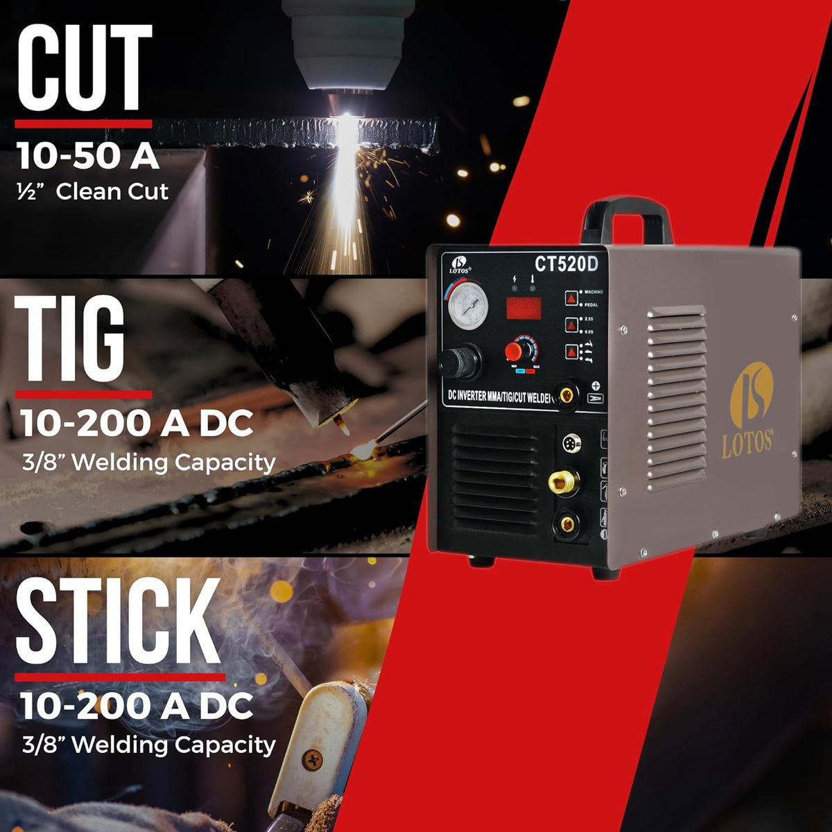 LOTOS CT520D Plasma Cutter, TIG Welder and Stick Welder 3 in 1 Combo Welding Machine,½ Inch Clean Cut, Brown - LOTOS Plasma Cutters & Welders
