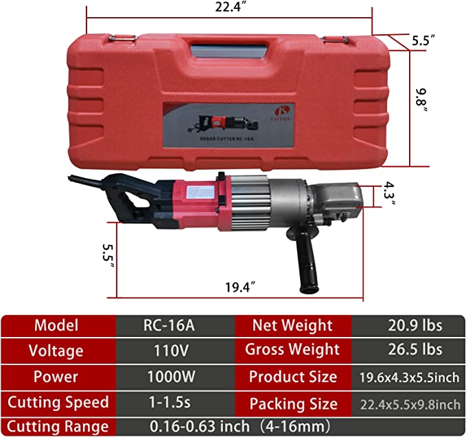 Lotos RC16A Electric Rebar Cutter 1000W Portable Hydraulic Electric Rebar Cut 5/8" 16mm #5 Rebar within 2 Seconds, 110V - LOTOS Plasma Cutters & Welders
