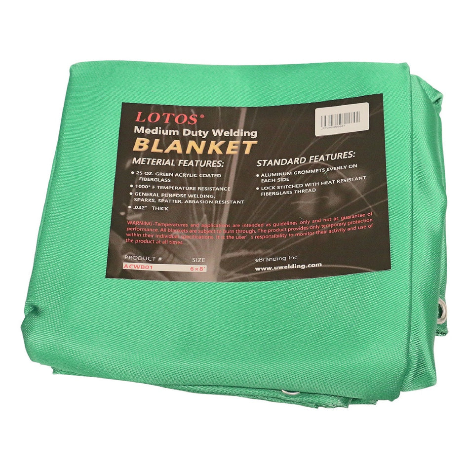 LOTOS ACWB016x8 Welding Blanket 6' x 8’ Acrylic Fiberglass Heat Treated Medium Duty Grommet Green Resists 1000°F