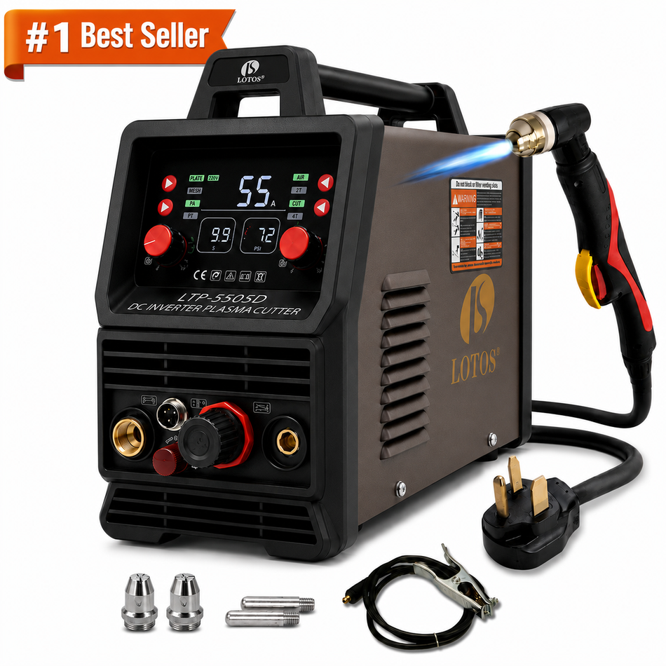LOTOS LTP5505D 55Amp Non-Touch Pilot Arc Plasma Cutter Machine with Surface Rust Removal Mode, 5/8" Clean Cut, Dual Voltage 110V/120V or 220V/240V, Brown