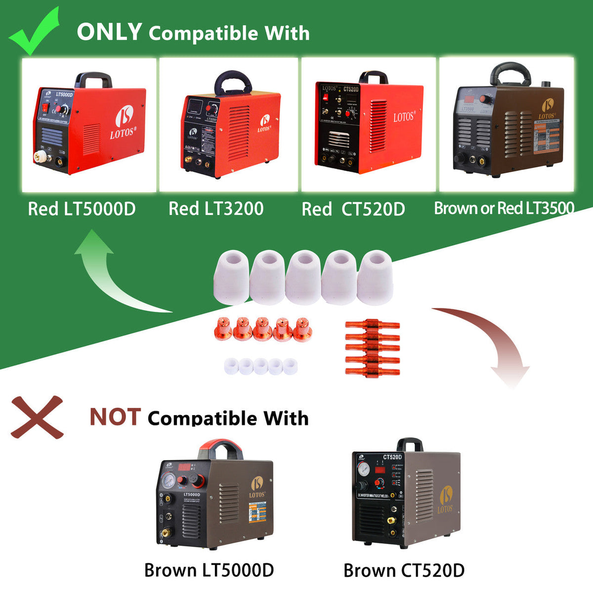 LOTOS LCON90 90PC CONSUMABLES NOZZLE ELECTRODE CUP AND RING FOR RED COLOR LT5000D, RED COLOR CT520D, RED AND BROWN LT3500, BROWN LT4000 - LOTOS Plasma Cutters & Welders