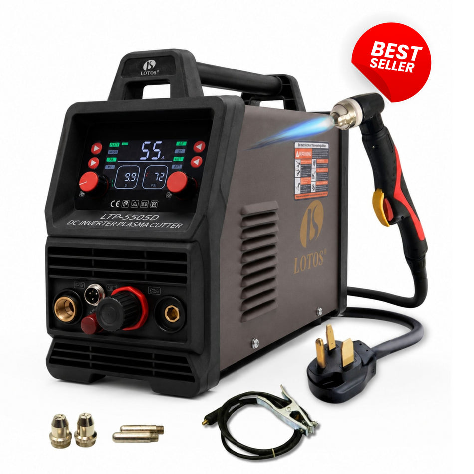 LOTOS LTP5505D 55Amp Non-Touch Pilot Arc Plasma Cutter Machine with Surface Rust Removal Mode, 5/8" Clean Cut, Dual Voltage 110V/120V or 220V/240V, Brown