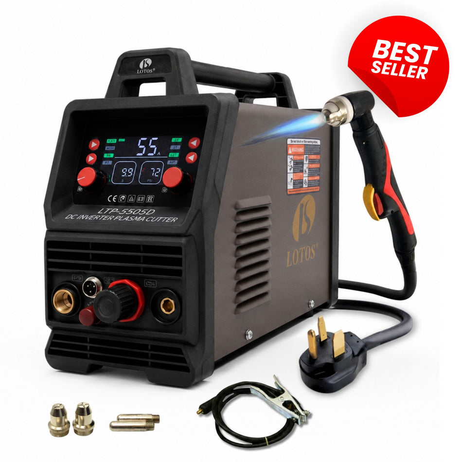 LOTOS LTP5505D 55Amp Non-Touch Pilot Arc Plasma Cutter Machine with Surface Rust Removal Mode, 5/8" Clean Cut, Dual Voltage 110V/120V or 220V/240V, Brown