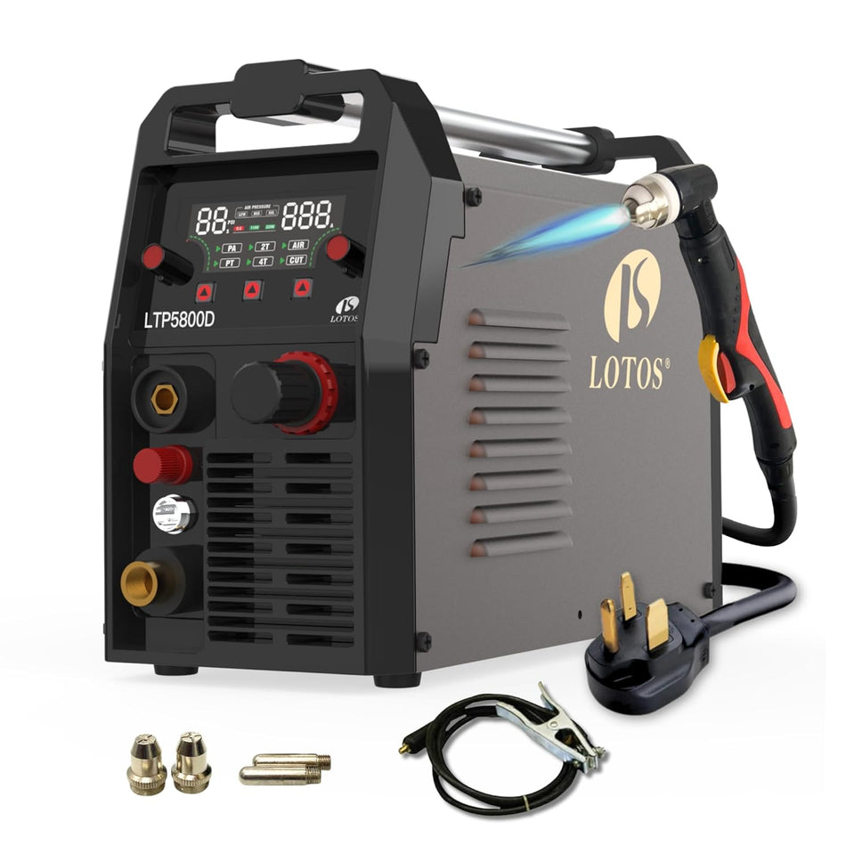 LOTOS LTP5800D 58A Plasma Cutter 5/8" 16mm Clean Cut 3/4" 20mm Severance Cut, 15% Boost Cutting Speed, Non-Touch Pilot Arc Plasma Metal Cut Machine, Plasma Cutting Equipment, Dual Voltage 110V 220V