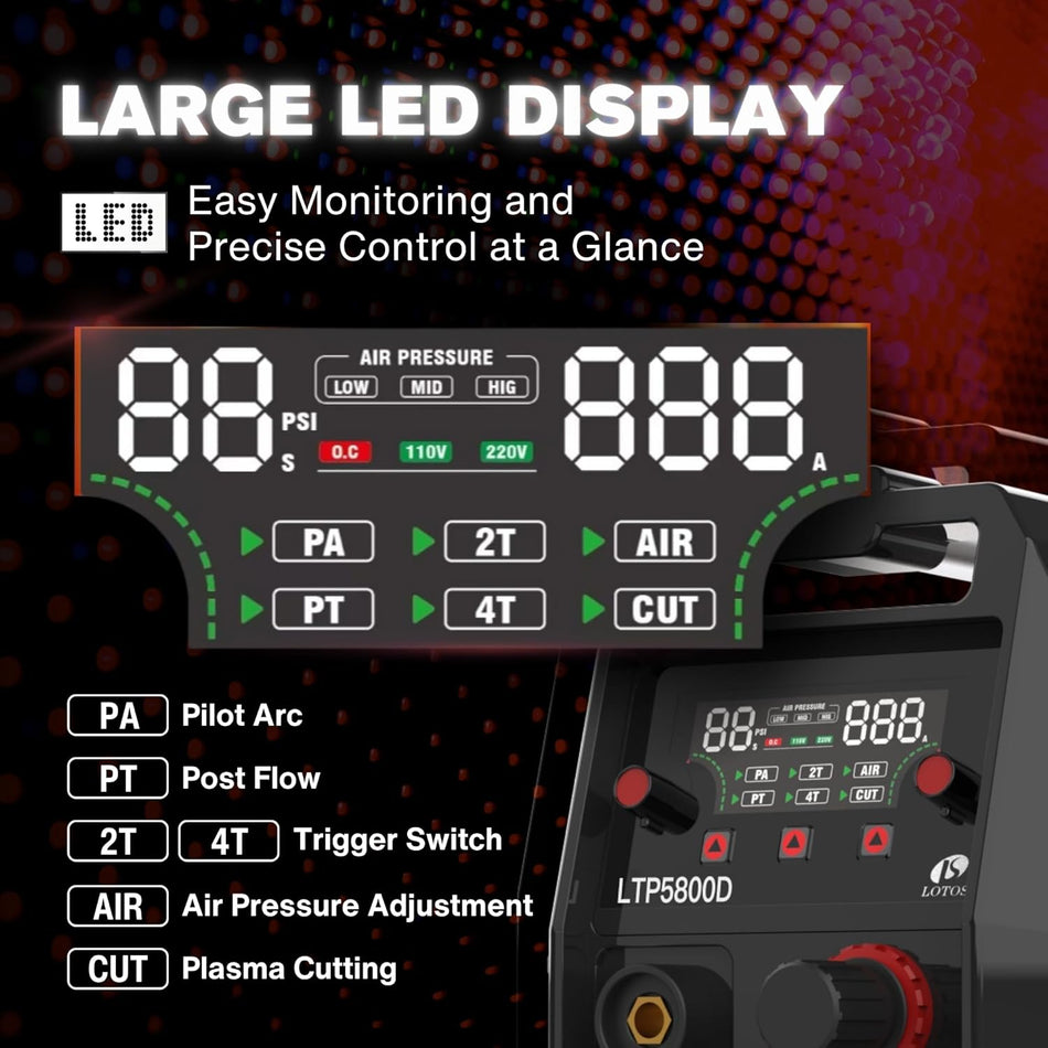 LOTOS LTP5800D 58A Plasma Cutter 5/8" 16mm Clean Cut 3/4" 20mm Severance Cut, 15% Boost Cutting Speed, Non-Touch Pilot Arc Plasma Metal Cut Machine, Plasma Cutting Equipment, Dual Voltage 110V 220V