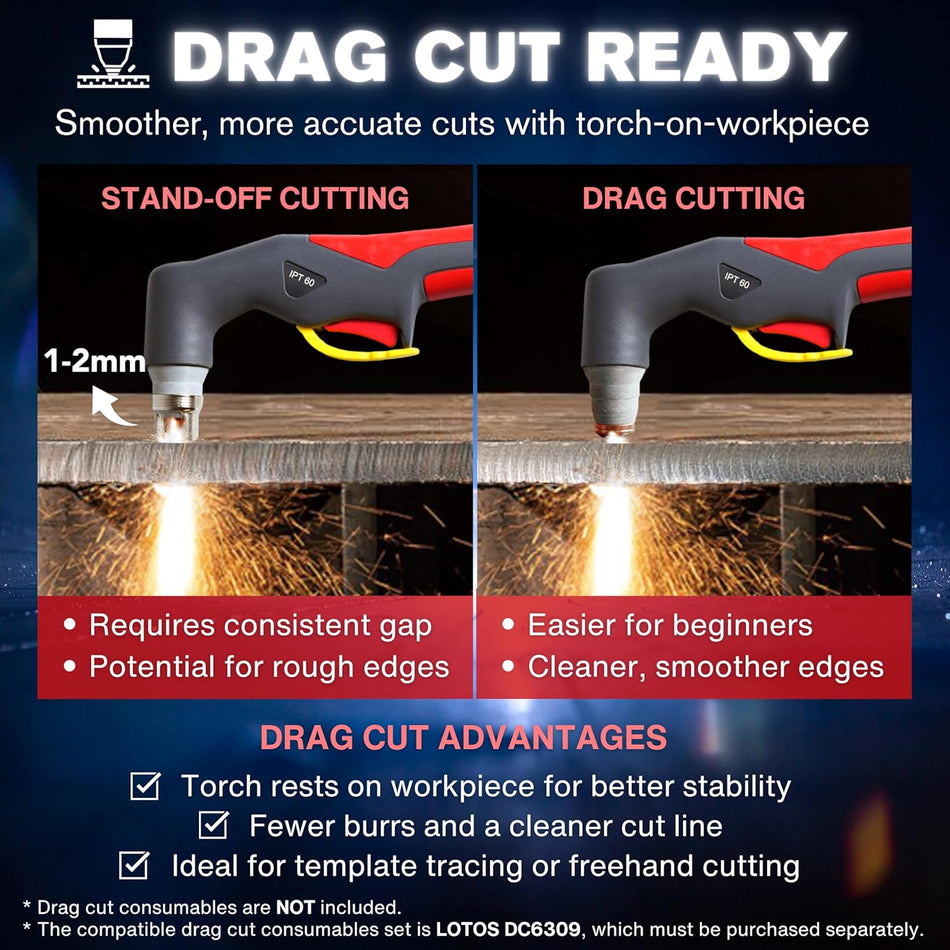 LOTOS LTP6300D 63AMP Non-Touch Pilot Arc Plasma Cutter, Drag Cut Enabled, 3/4" 19mm Clean Cut, 1" 25mm Severance Cut, Non-HF Arc Start Metal Cut Machine, Plasma Cutting Equipment, 110V/220V