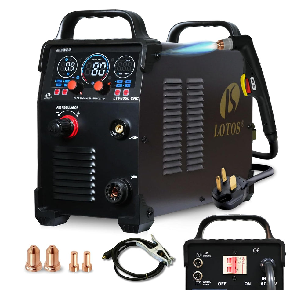 LOTOS LTP8050 CNC 80AMP Blow Back Arc Plasma Cutter, CNC Interface Ready, HTC/Arc OK Output, Drag Cut Enabled, 1" 25mm Clean Cut, Metal Cutting Machine, 220V