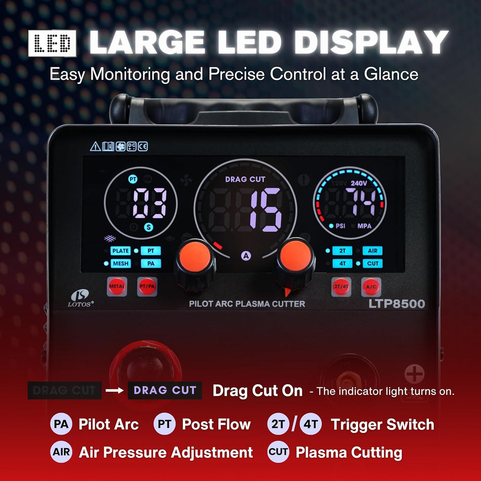 LOTOS LTP8500 85AMP Non-Touch Pilot Arc Plasma Cutter & Drag Cut Shield Consumables Set, 1” 25mm Clean Cut, 1.5" 38mm Severance Cut