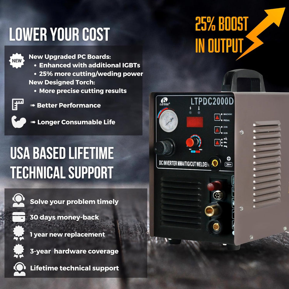 LOTOS LTPDC2000D Non-Touch Pilot Arc Plasma Cutter TIG Welder and Stick Welder 3 in 1 Combo Welding Machine,½ Inch Clean Cut, Brown - LOTOS Plasma Cutters & Welders