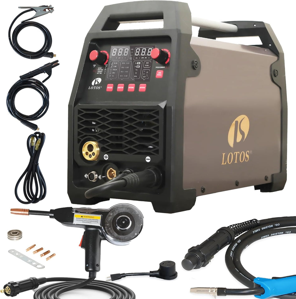 LOTOS MIG180SP MIG Welder with Aluminum Spool Gun, 225A 110/220V, 6 in 1 Gas MIG, Spool Aluminum, Gasless Flux Core, Stick, Lift TIG, Spot, Multi Process Welding Machine Auto Synergistic Setting