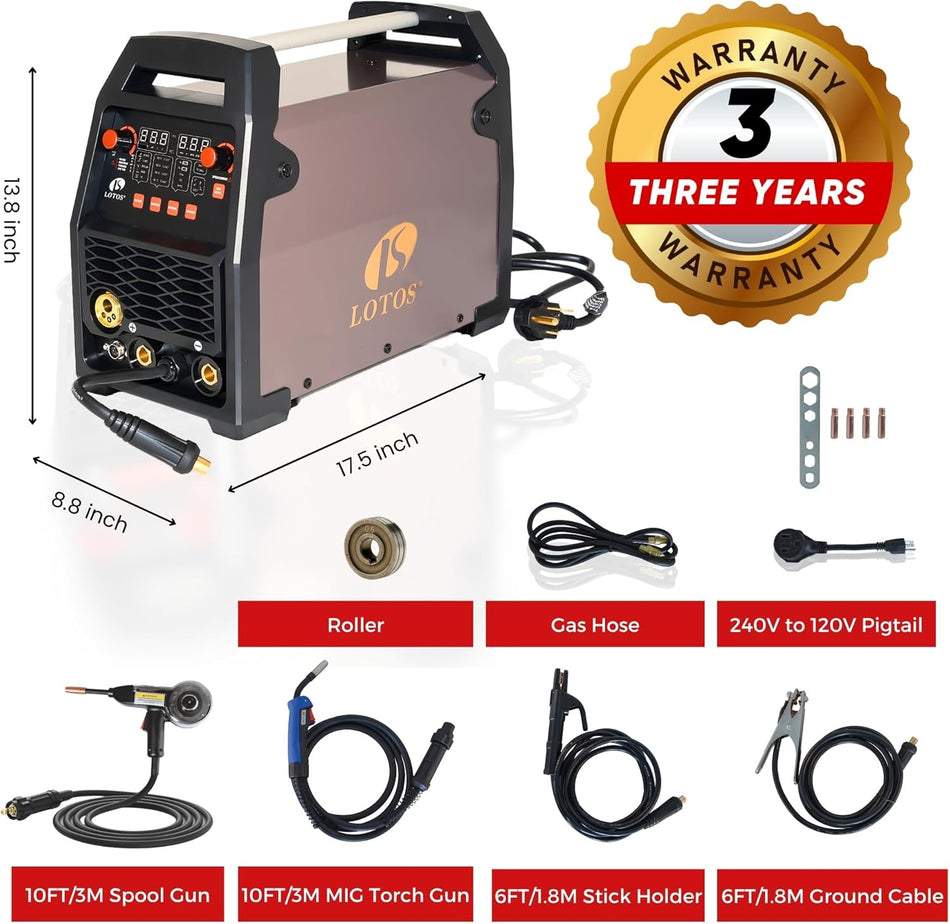 LOTOS MIG180SP MIG Welder with Aluminum Spool Gun, 225A 110/220V, 6 in 1 Gas MIG, Spool Aluminum, Gasless Flux Core, Stick, Lift TIG, Spot, Multi Process Welding Machine Auto Synergistic Setting
