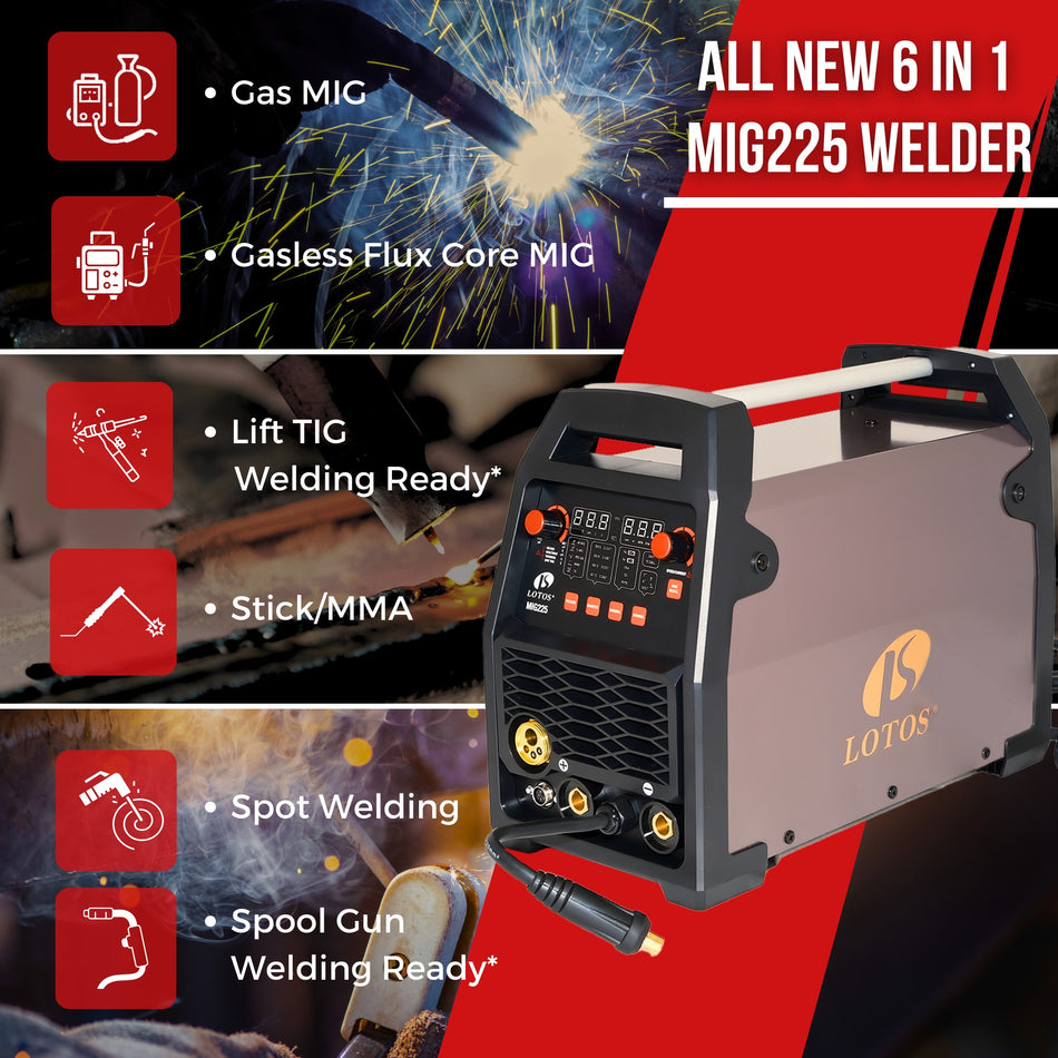 LOTOS MIG225 225A MIG Welder, 6 in 1 Gas MIG, Gasless Flux Core MIG, Stick, Lift TIG, Spot, Spool Aluminum Multi Process Welding Machine, Auto MIG Synergistic Setting & Voltage Fine Tuning, 120/240V