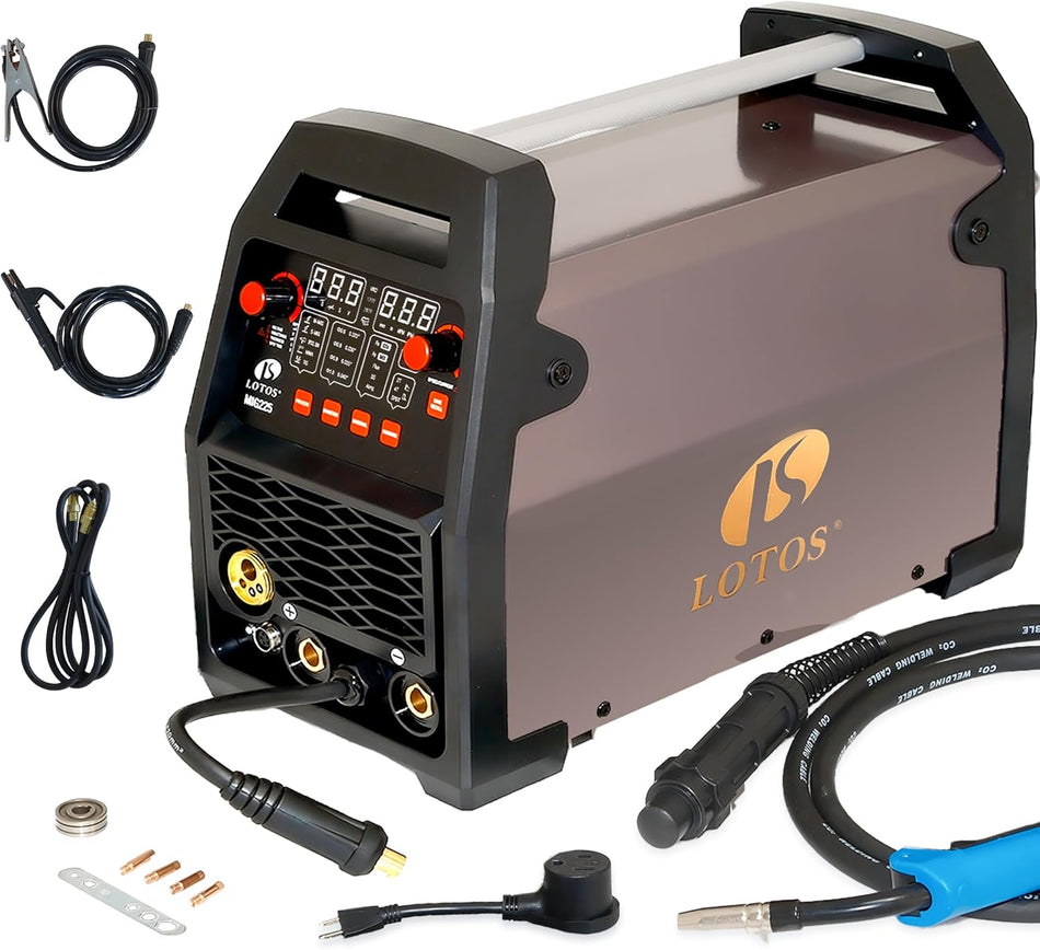 LOTOS MIG225 225A MIG Welder, 6 in 1 Gas MIG, Gasless Flux Core MIG, Stick, Lift TIG, Spot, Spool Aluminum Multi Process Welding Machine, Auto MIG Synergistic Setting & Voltage Fine Tuning, 120/240V