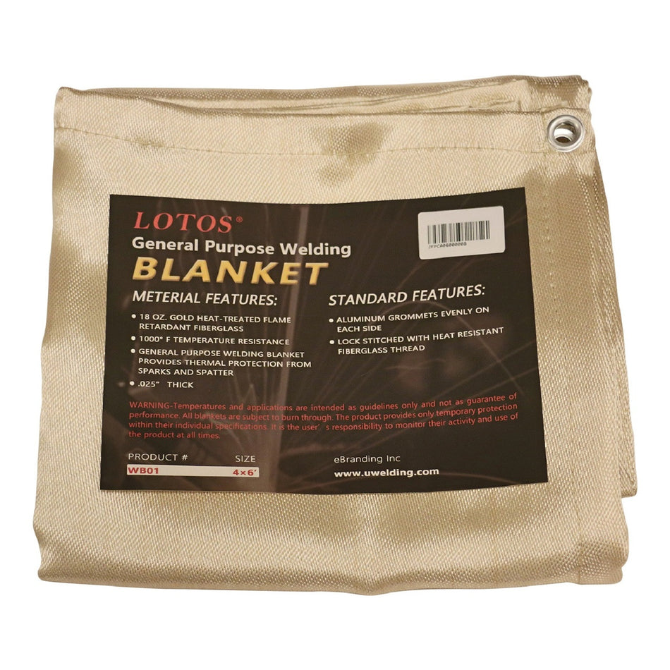 LOTOS WB014x6 Welding Blanket with Grommets 4’ x 6’ Fiberglass Heat Treated Gold Resists 1000°F