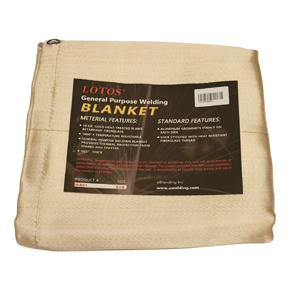LOTOS WB016x8 Welding Blanket with Grommets 6’ x 8’ Fiberglass Heat Treated Gold Resists 1000°F - LOTOS Plasma Cutters & Welders