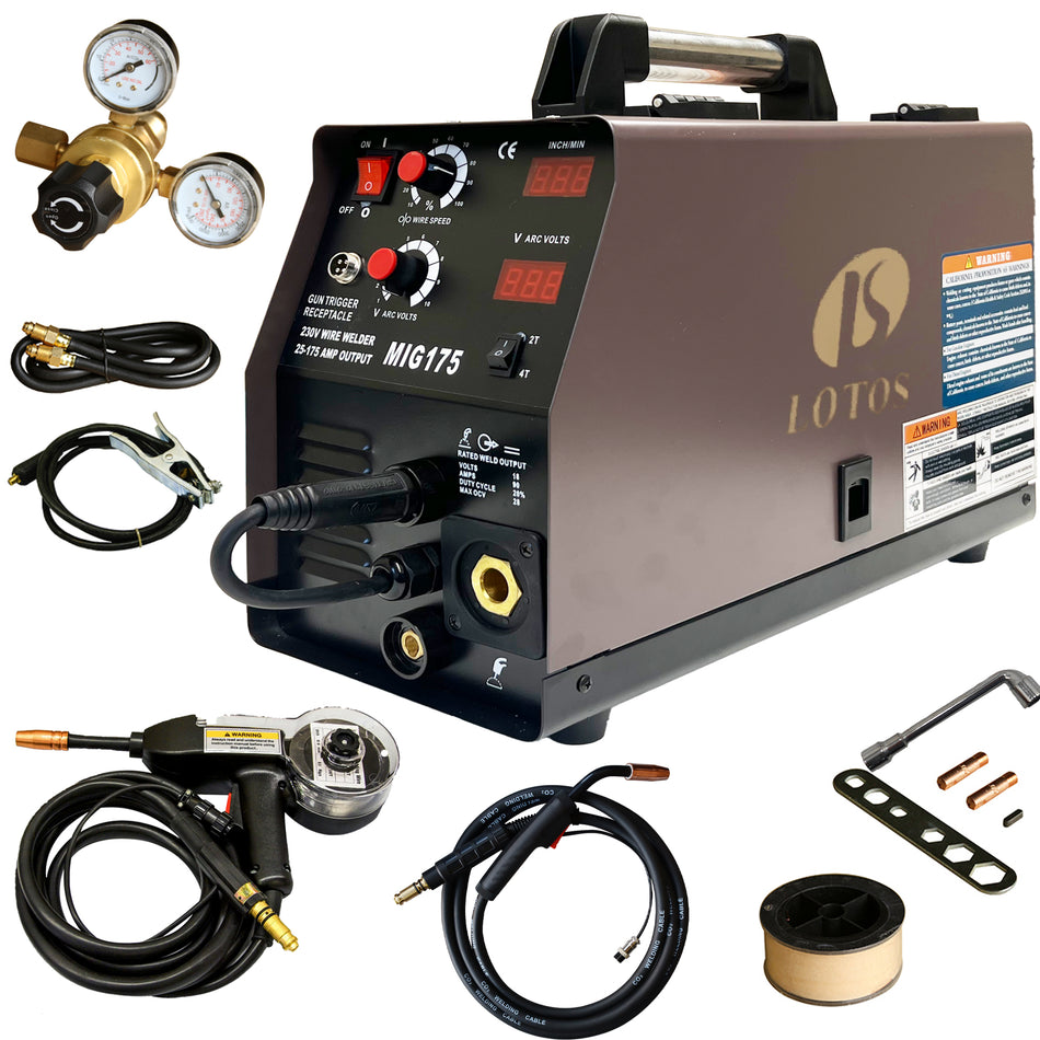 LOTOS MIG175 175A Mig Welder with Aluminum Spool Gun, Auto MIG Synergistic Setting & Voltage Fine Tuning, Gas MIG, Aluminum Spool MIG & Gasless Flux Core MIG Welding, MIG Wire Welder Brown, 240V
