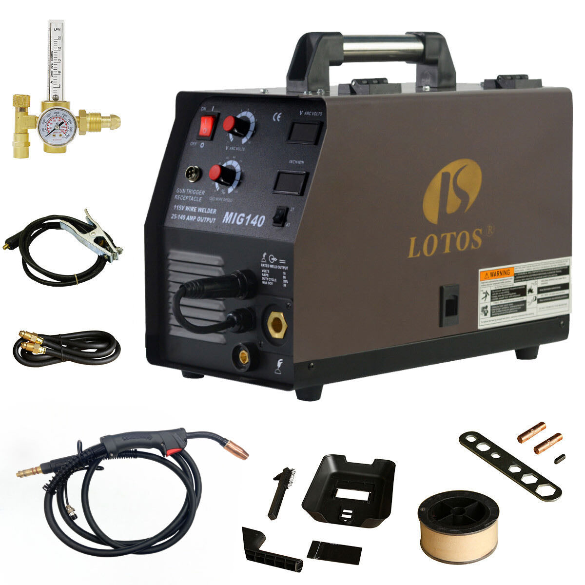 LOTOS MIG140 Welder Flux Core & Aluminum Gas Shielded Wire Welder with Argon Regulator, Standard MIG Gun, Brown (MIG140 120V) - LOTOS Plasma Cutters & Welders