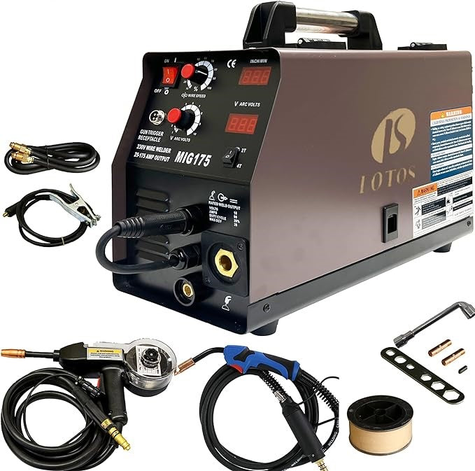 LOTOS MIG175 175A Mig Welder with Aluminum Spool Gun, Auto MIG Synergistic Setting & Voltage Fine Tuning, Gas MIG, Aluminum Spool MIG & Gasless Flux Core MIG Welding, MIG Wire Welder Brown, 240V