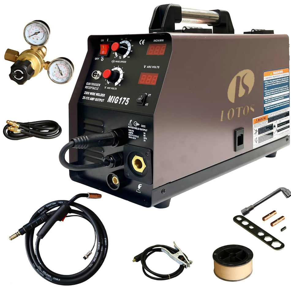 LOTOS MIG175SE 175A MIG Welder Advanced Auto MIG Synergistic Setting, Voltage Fine Tuning, Gas MIG Welding & Gasless Flux Core MIG Welding - Brown, 240V, Without Aluminum Spool Gun